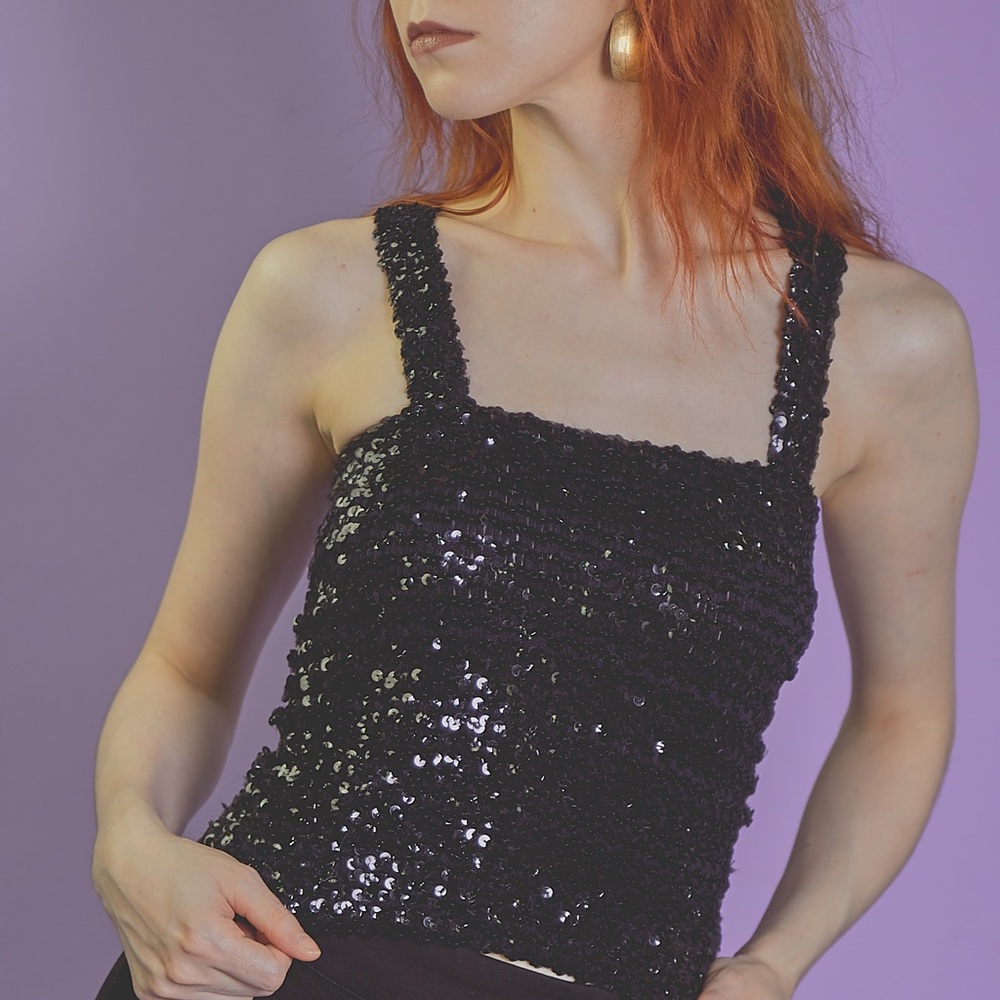 90s black sequence thick strap tank top